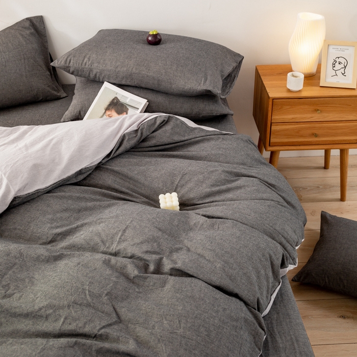 91家纺网 家纺一手货源 找家纺 咏绒家纺工厂店 2025新款A类色织水洗棉四件套 深灰+浅灰