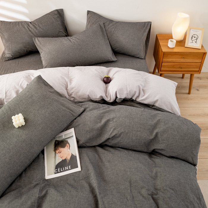 91家纺网 家纺一手货源 找家纺 咏绒家纺工厂店 2025新款A类色织水洗棉四件套 深灰+浅灰