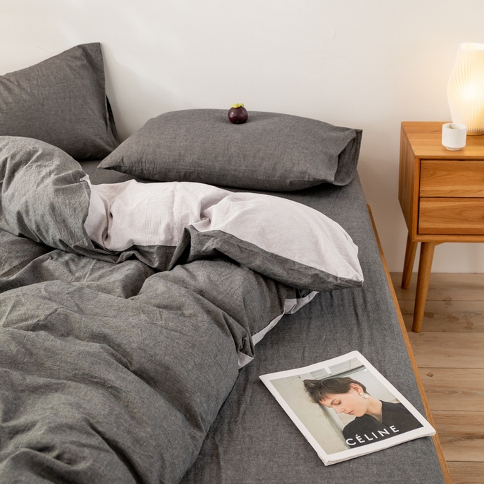 91家纺网 家纺一手货源 找家纺 咏绒家纺工厂店 2025新款A类色织水洗棉四件套 深灰+浅灰