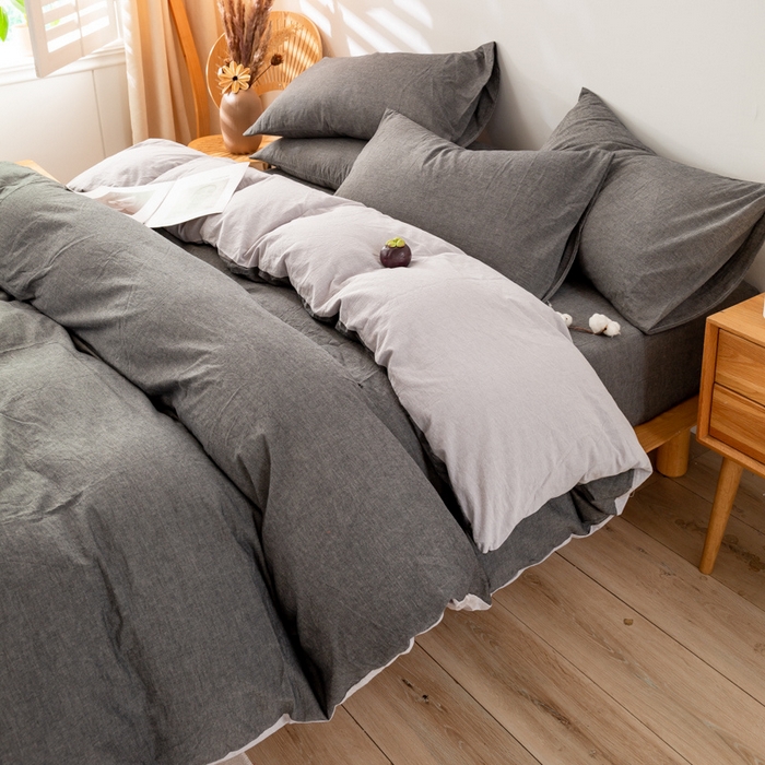 91家纺网 家纺一手货源 找家纺 咏绒家纺工厂店 2025新款A类色织水洗棉四件套 深灰+浅灰