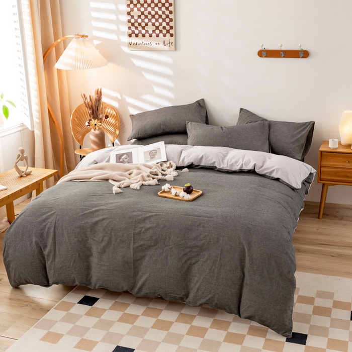 91家纺网 家纺一手货源 找家纺 咏绒家纺工厂店 2025新款A类色织水洗棉四件套 深灰+浅灰