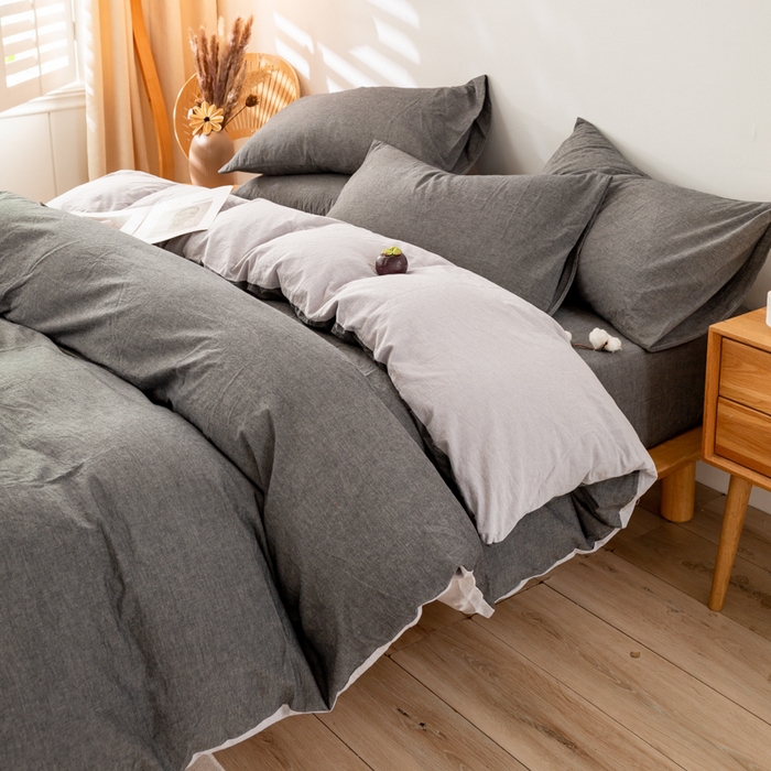 91家纺网 家纺一手货源 找家纺 咏绒家纺工厂店 2025新款A类色织水洗棉四件套 深灰+浅灰