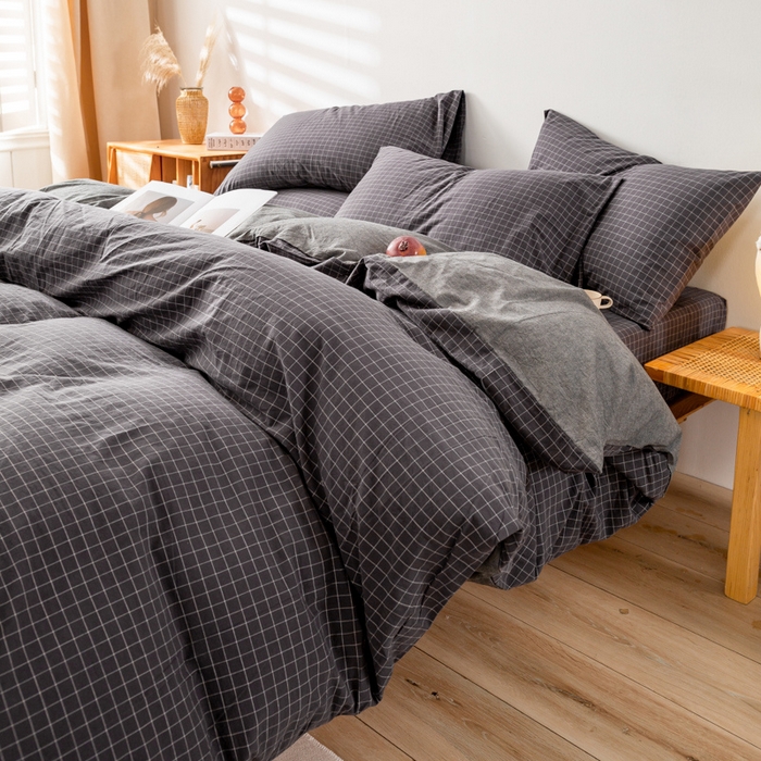 咏绒家纺工厂店 2025新款A类色织水洗棉四件套 新灰格