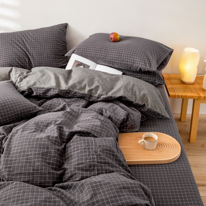 91家纺网 家纺一手货源 找家纺 咏绒家纺工厂店 2025新款A类色织水洗棉四件套 新灰格