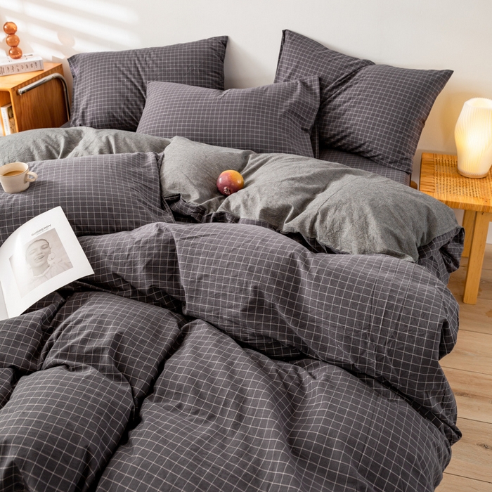 91家纺网 家纺一手货源 找家纺 咏绒家纺工厂店 2025新款A类色织水洗棉四件套 新灰格