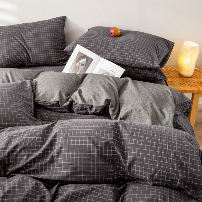 91家纺网 家纺一手货源 找家纺 咏绒家纺工厂店 2025新款A类色织水洗棉四件套 新灰格