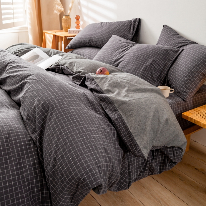 91家纺网 家纺一手货源 找家纺 咏绒家纺工厂店 2025新款A类色织水洗棉四件套 新灰格