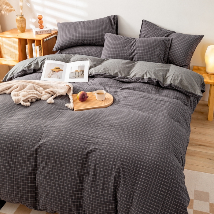 91家纺网 家纺一手货源 找家纺 咏绒家纺工厂店 2025新款A类色织水洗棉四件套 新灰格