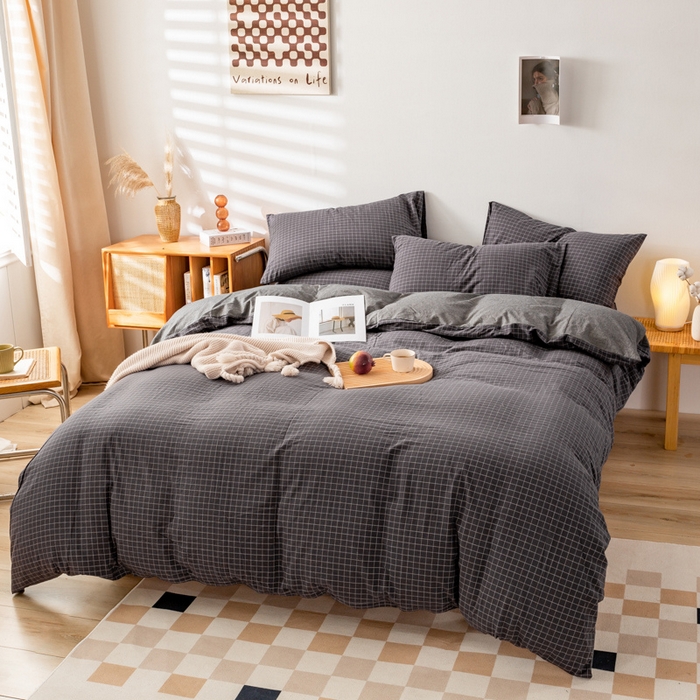 91家纺网 家纺一手货源 找家纺 咏绒家纺工厂店 2025新款A类色织水洗棉四件套 新灰格