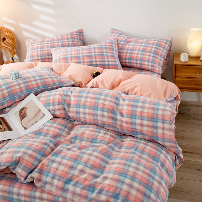 91家纺网 家纺一手货源 找家纺 咏绒家纺工厂店 2025新款A类色织水洗棉四件套 星空粉