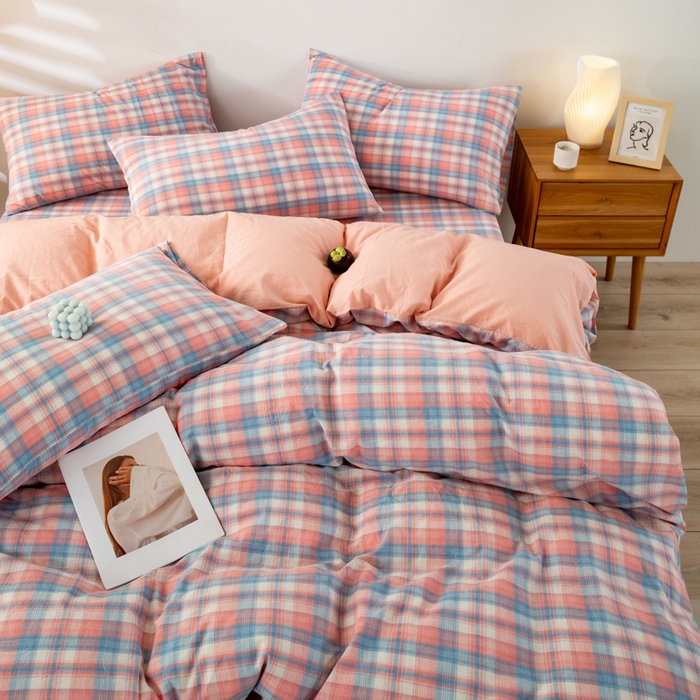 91家纺网 家纺一手货源 找家纺 咏绒家纺工厂店 2025新款A类色织水洗棉四件套 星空粉