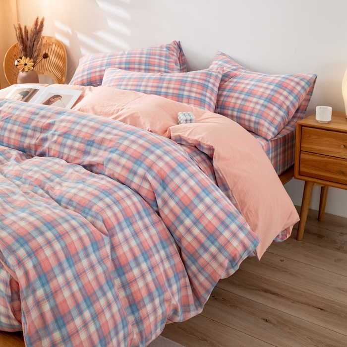 91家纺网 家纺一手货源 找家纺 咏绒家纺工厂店 2025新款A类色织水洗棉四件套 星空粉