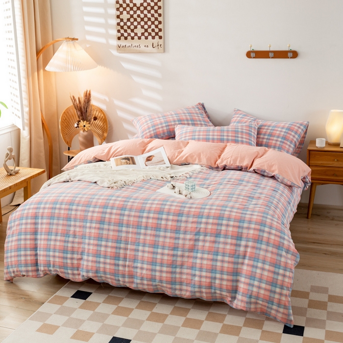 91家纺网 家纺一手货源 找家纺 咏绒家纺工厂店 2025新款A类色织水洗棉四件套 星空粉