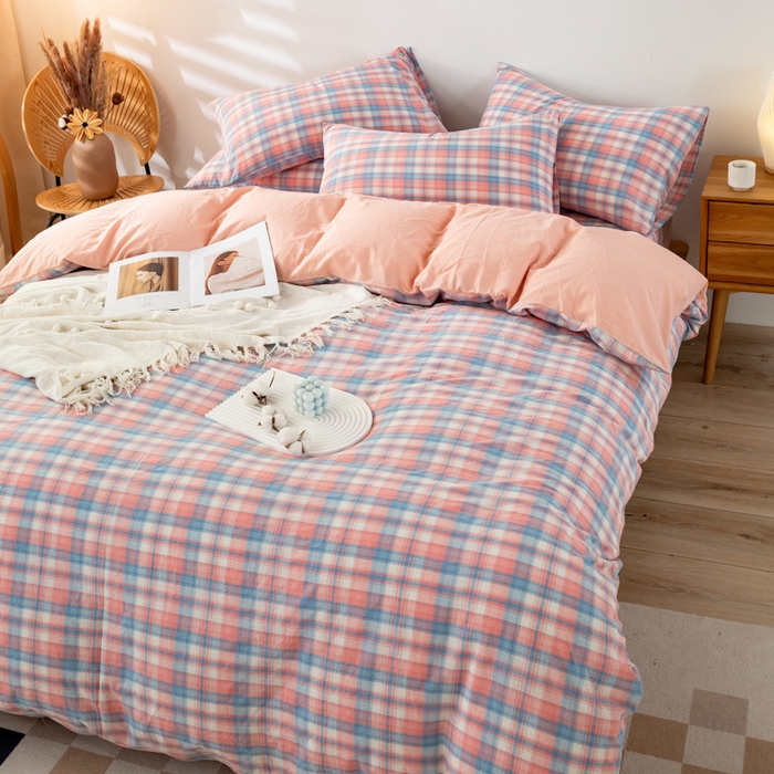 91家纺网 家纺一手货源 找家纺 咏绒家纺工厂店 2025新款A类色织水洗棉四件套 星空粉