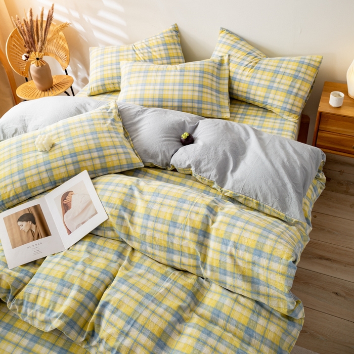 91家纺网 家纺一手货源 找家纺 咏绒家纺工厂店 2025新款A类色织水洗棉四件套 星空黄