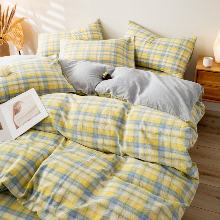 91家纺网 家纺一手货源 找家纺 咏绒家纺工厂店 2025新款A类色织水洗棉四件套 星空黄