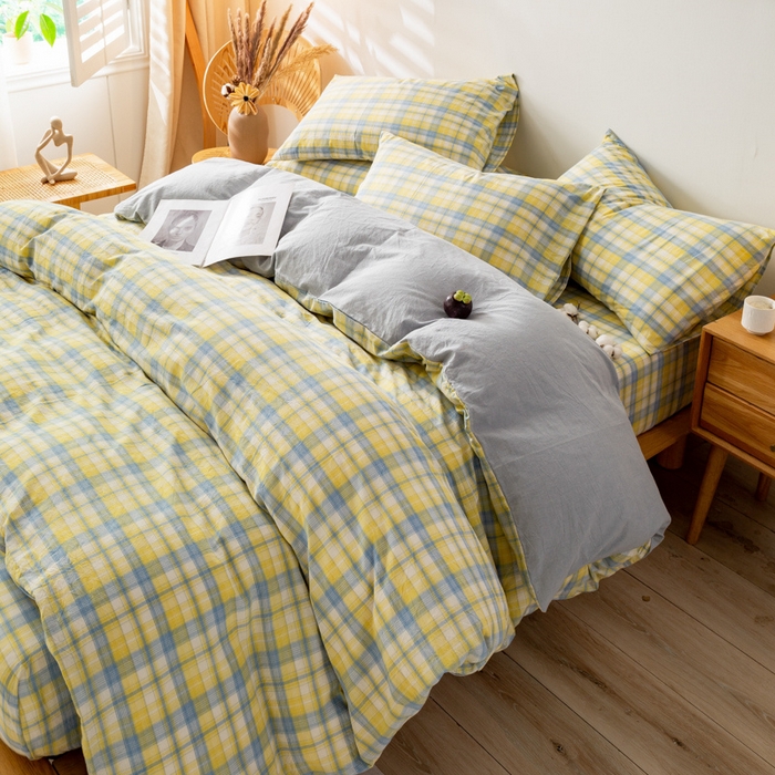 91家纺网 家纺一手货源 找家纺 咏绒家纺工厂店 2025新款A类色织水洗棉四件套 星空黄