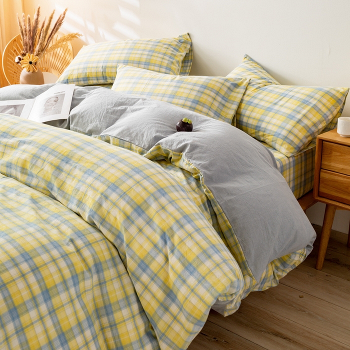 91家纺网 家纺一手货源 找家纺 咏绒家纺工厂店 2025新款A类色织水洗棉四件套 星空黄