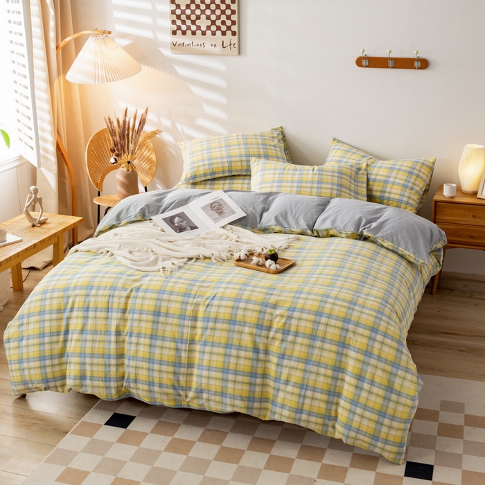 91家纺网 家纺一手货源 找家纺 咏绒家纺工厂店 2025新款A类色织水洗棉四件套 星空黄