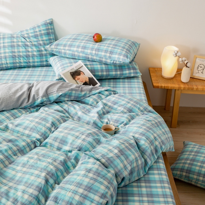 91家纺网 家纺一手货源 找家纺 咏绒家纺工厂店 2025新款A类色织水洗棉四件套 星空绿