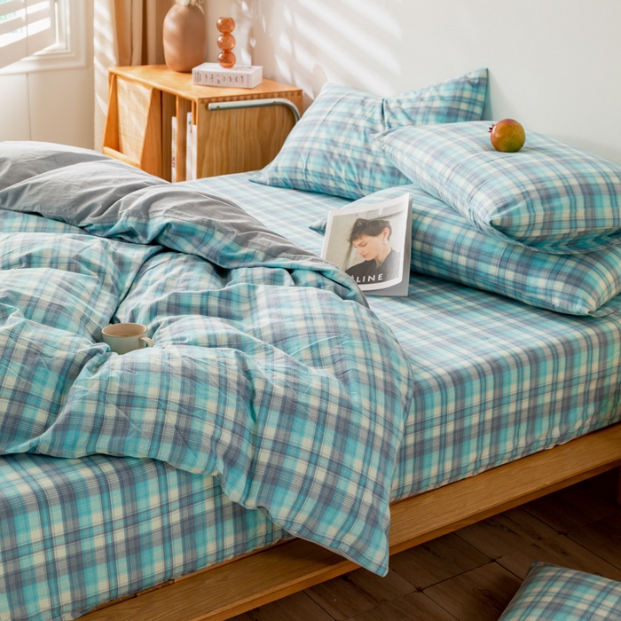 91家纺网 家纺一手货源 找家纺 咏绒家纺工厂店 2025新款A类色织水洗棉四件套 星空绿