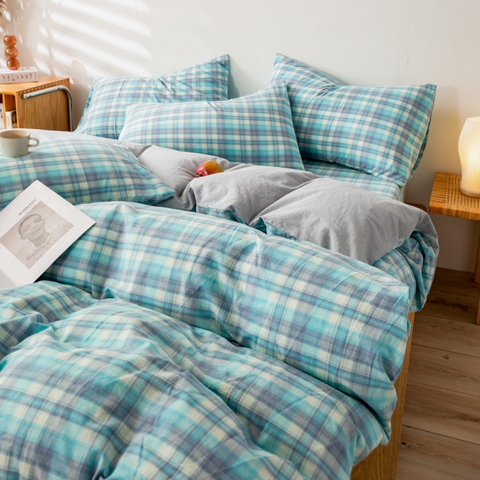 91家纺网 家纺一手货源 找家纺 咏绒家纺工厂店 2025新款A类色织水洗棉四件套 星空绿