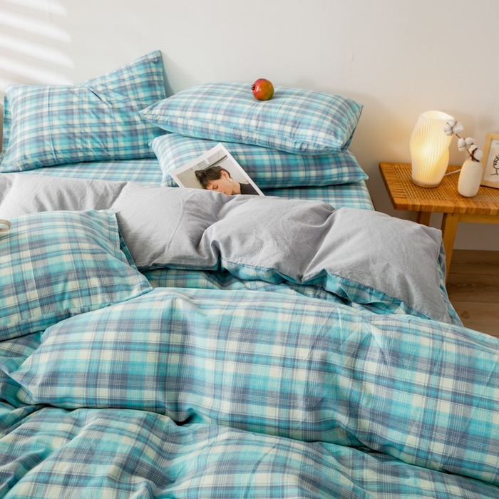 91家纺网 家纺一手货源 找家纺 咏绒家纺工厂店 2025新款A类色织水洗棉四件套 星空绿