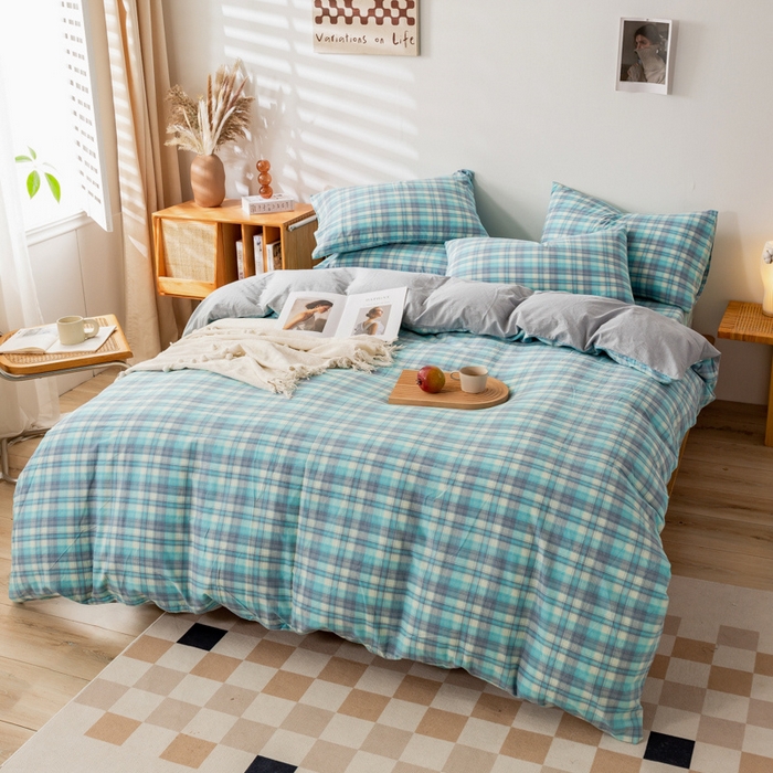 91家纺网 家纺一手货源 找家纺 咏绒家纺工厂店 2025新款A类色织水洗棉四件套 星空绿