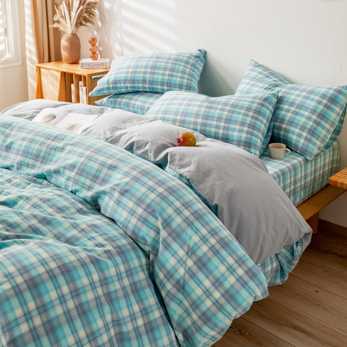 91家纺网 家纺一手货源 找家纺 咏绒家纺工厂店 2025新款A类色织水洗棉四件套 星空绿