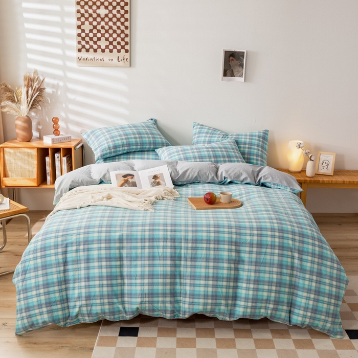 91家纺网 家纺一手货源 找家纺 咏绒家纺工厂店 2025新款A类色织水洗棉四件套 星空绿