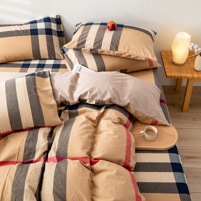 91家纺网 家纺一手货源 找家纺 咏绒家纺工厂店 2025新款A类色织水洗棉四件套 丈青洋红大格