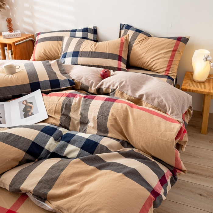 91家纺网 家纺一手货源 找家纺 咏绒家纺工厂店 2025新款A类色织水洗棉四件套 丈青洋红大格