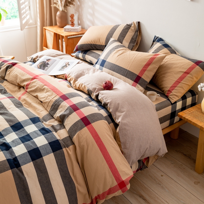 91家纺网 家纺一手货源 找家纺 咏绒家纺工厂店 2025新款A类色织水洗棉四件套 丈青洋红大格