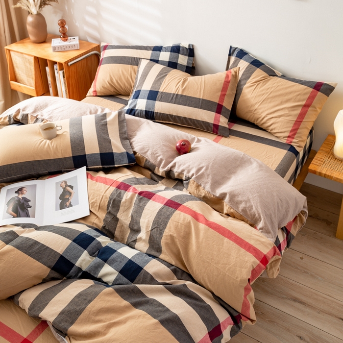 91家纺网 家纺一手货源 找家纺 咏绒家纺工厂店 2025新款A类色织水洗棉四件套 丈青洋红大格