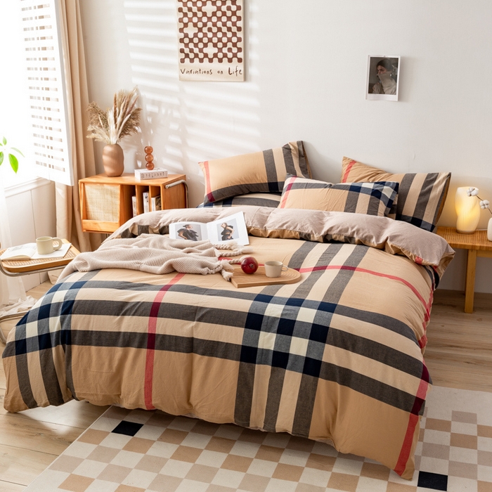 91家纺网 家纺一手货源 找家纺 咏绒家纺工厂店 2025新款A类色织水洗棉四件套 丈青洋红大格