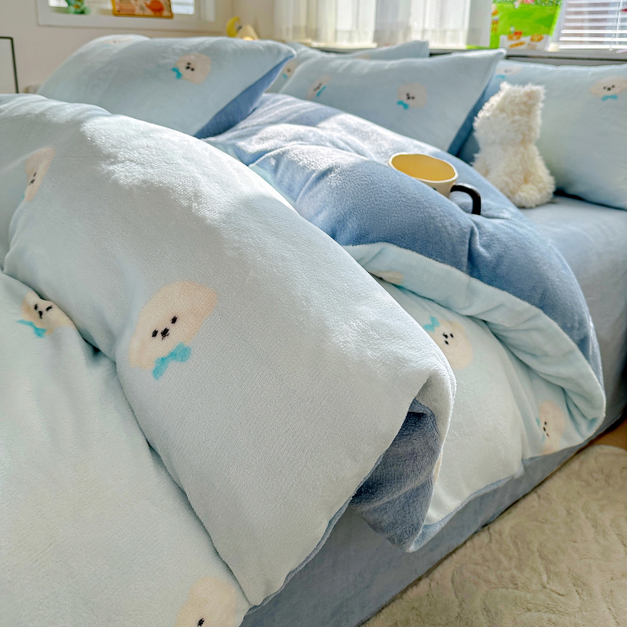 优选 2025新款小清新加厚高克重牛奶绒四件套直播爆款电商爆款 绒绒小狗蓝