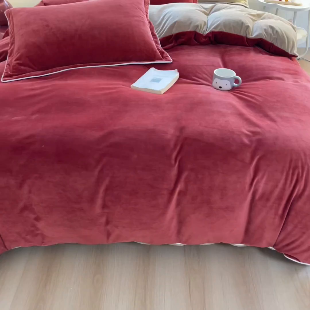 91家纺网 家纺一手货源 找家纺 咏绒家纺工厂店 2025新款加厚婴儿绒牛奶绒四件套9斤工艺款宝宝绒四件套 黛尔蓝+灰咖