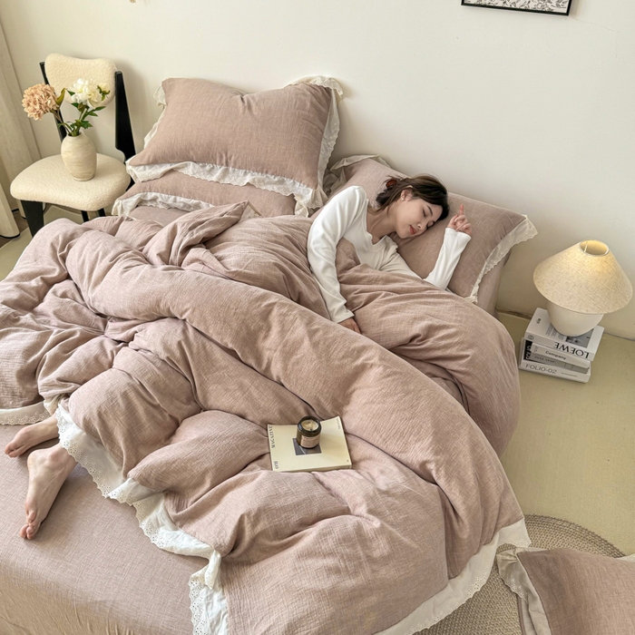91家纺网 家纺一手货源 找家纺 咏绒家纺工厂店 2025新款全棉双层皱皱沙纯色四件套安娜 安娜-豆沙