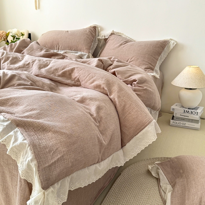 91家纺网 家纺一手货源 找家纺 咏绒家纺工厂店 2025新款全棉双层皱皱沙纯色四件套安娜 安娜-豆沙