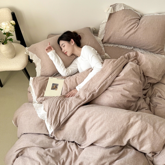 91家纺网 家纺一手货源 找家纺 咏绒家纺工厂店 2025新款全棉双层皱皱沙纯色四件套安娜 安娜-豆沙