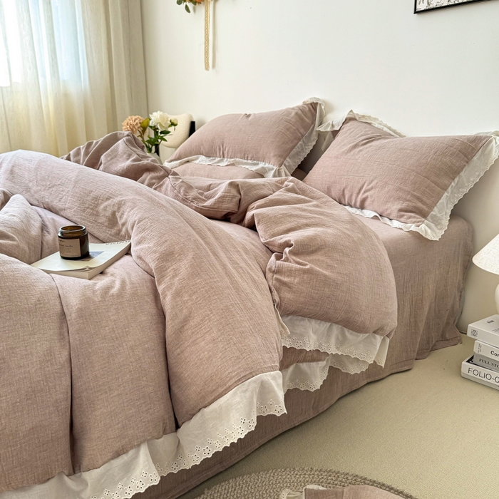 91家纺网 家纺一手货源 找家纺 咏绒家纺工厂店 2025新款全棉双层皱皱沙纯色四件套安娜 安娜-豆沙