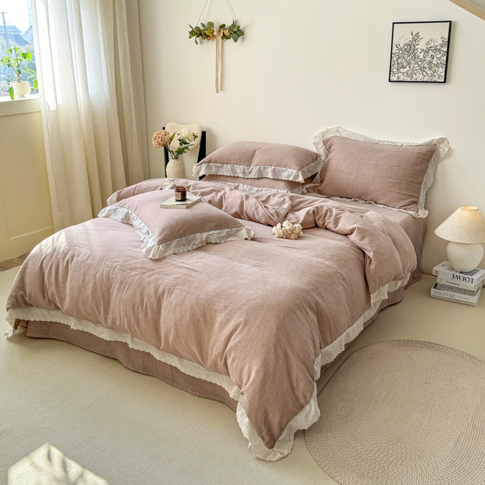 91家纺网 家纺一手货源 找家纺 咏绒家纺工厂店 2025新款全棉双层皱皱沙纯色四件套安娜 安娜-豆沙