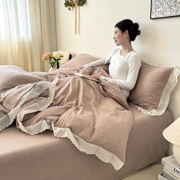91家纺网 家纺一手货源 找家纺 咏绒家纺工厂店 2025新款全棉双层皱皱沙纯色四件套安娜 安娜-豆沙
