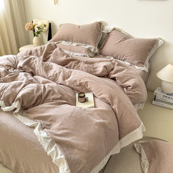 91家纺网 家纺一手货源 找家纺 咏绒家纺工厂店 2025新款全棉双层皱皱沙纯色四件套安娜 安娜-豆沙