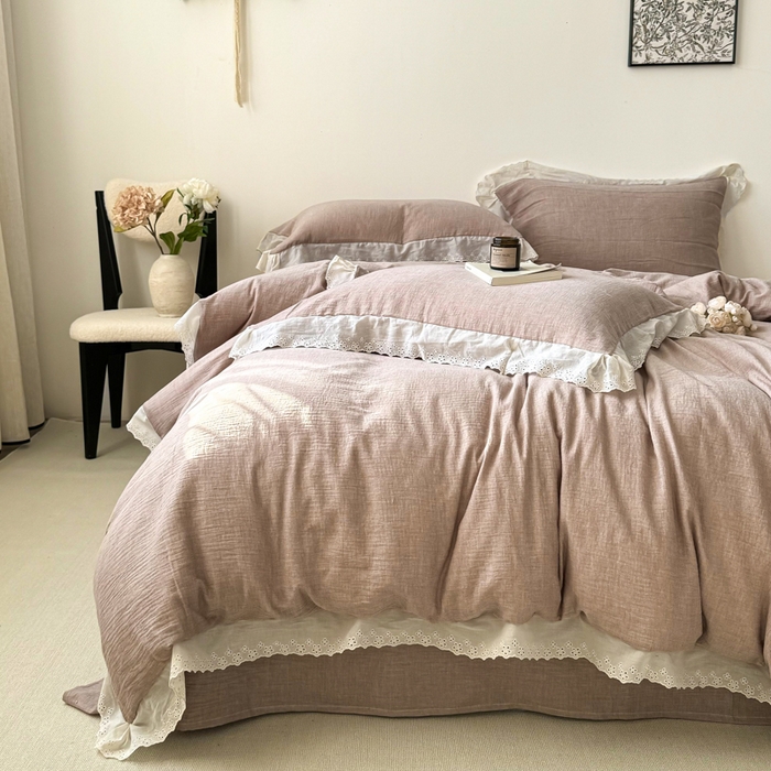 91家纺网 家纺一手货源 找家纺 咏绒家纺工厂店 2025新款全棉双层皱皱沙纯色四件套安娜 安娜-豆沙