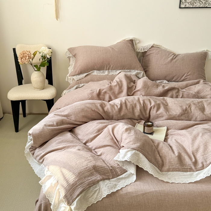 91家纺网 家纺一手货源 找家纺 咏绒家纺工厂店 2025新款全棉双层皱皱沙纯色四件套安娜 安娜-豆沙