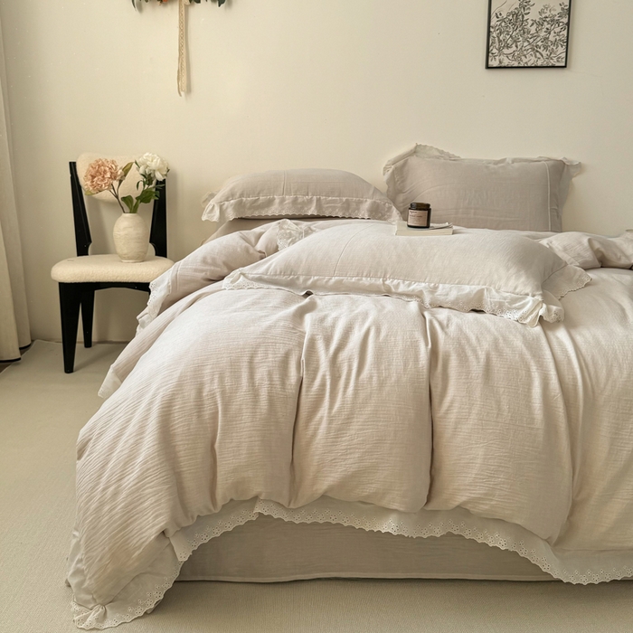 91家纺网 家纺一手货源 找家纺 咏绒家纺工厂店 2025新款全棉双层皱皱沙纯色四件套安娜 安娜-奶咖