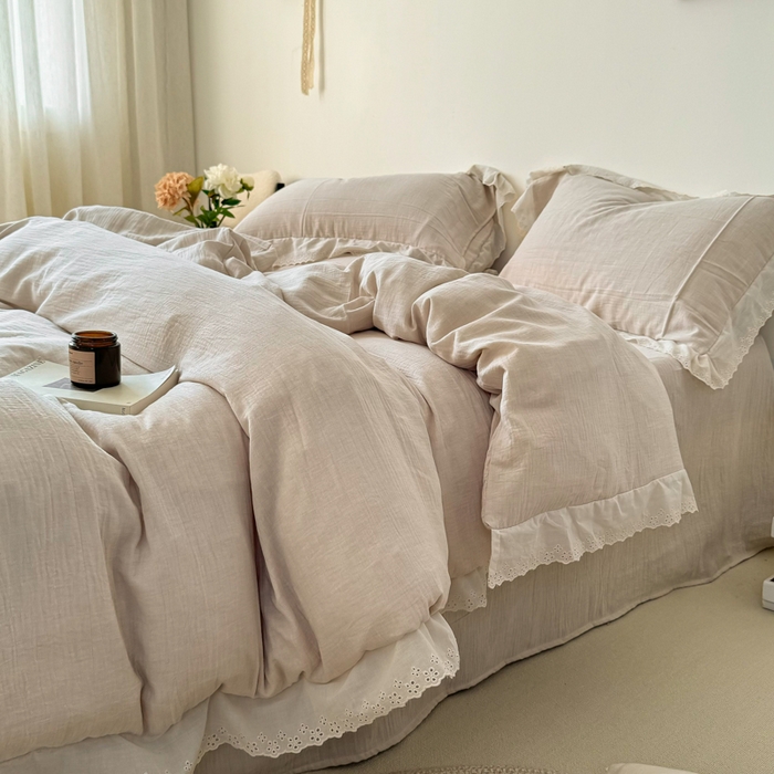 91家纺网 家纺一手货源 找家纺 咏绒家纺工厂店 2025新款全棉双层皱皱沙纯色四件套安娜 安娜-奶咖