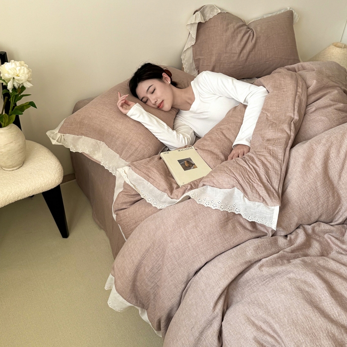 91家纺网 家纺一手货源 找家纺 咏绒家纺工厂店 2025新款全棉双层皱皱沙纯色四件套安娜 安娜-豆沙