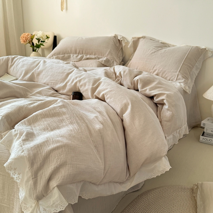 91家纺网 家纺一手货源 找家纺 咏绒家纺工厂店 2025新款全棉双层皱皱沙纯色四件套安娜 安娜-奶咖
